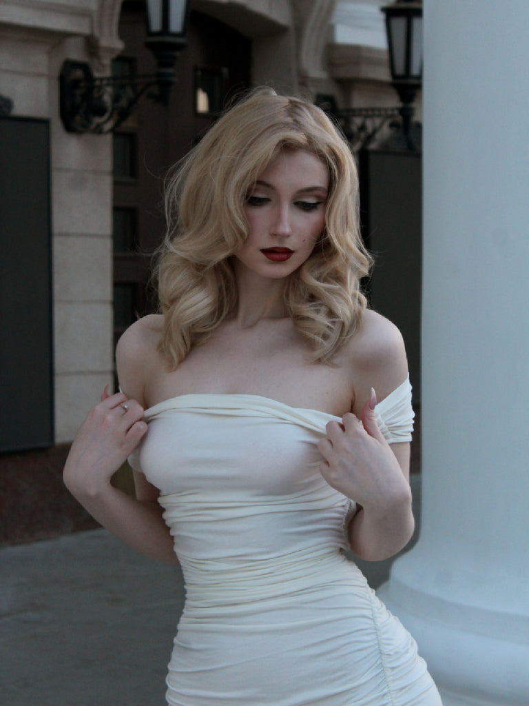 Ivory 1960s Cap Sleeve Slim Pleated Dress