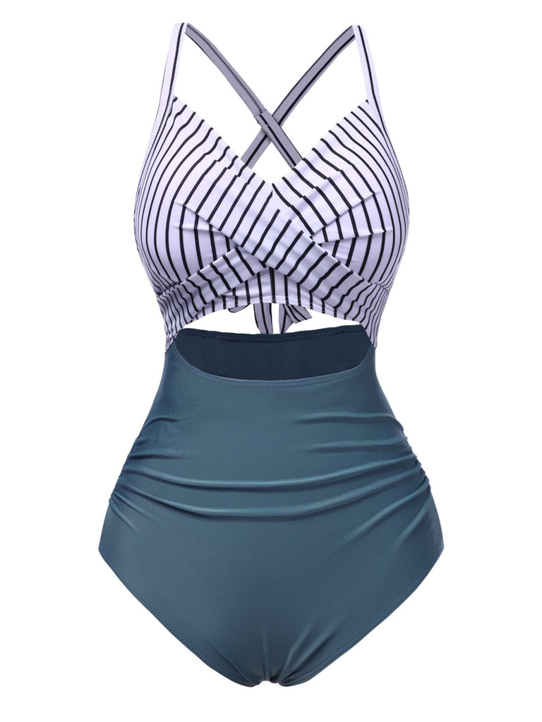Green 1940s Stripe Patchwork Hollow One-Piece Swimsuit