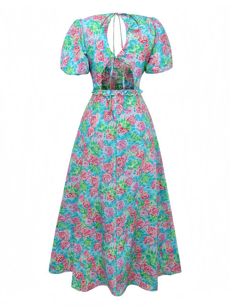 Green 1970s Boho Floral V-Neck Dress
