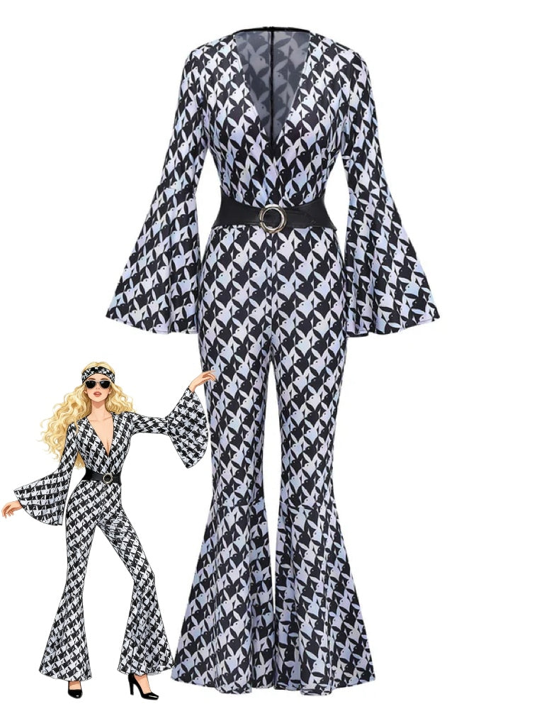 Black & White 1980s Houndstooth Bell Sleeve Jumpsuit
