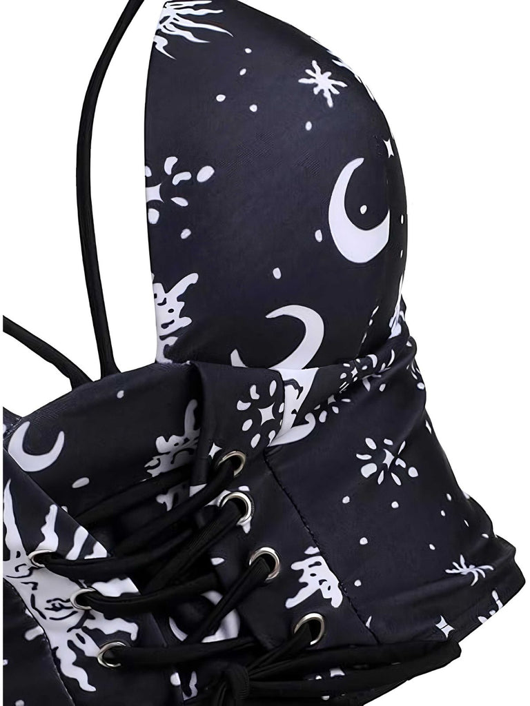 Black 1980s Strap Galaxy Print Gothic Bikini Set
