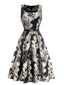 Black 1950s Jacquard Floral Dress With Belt