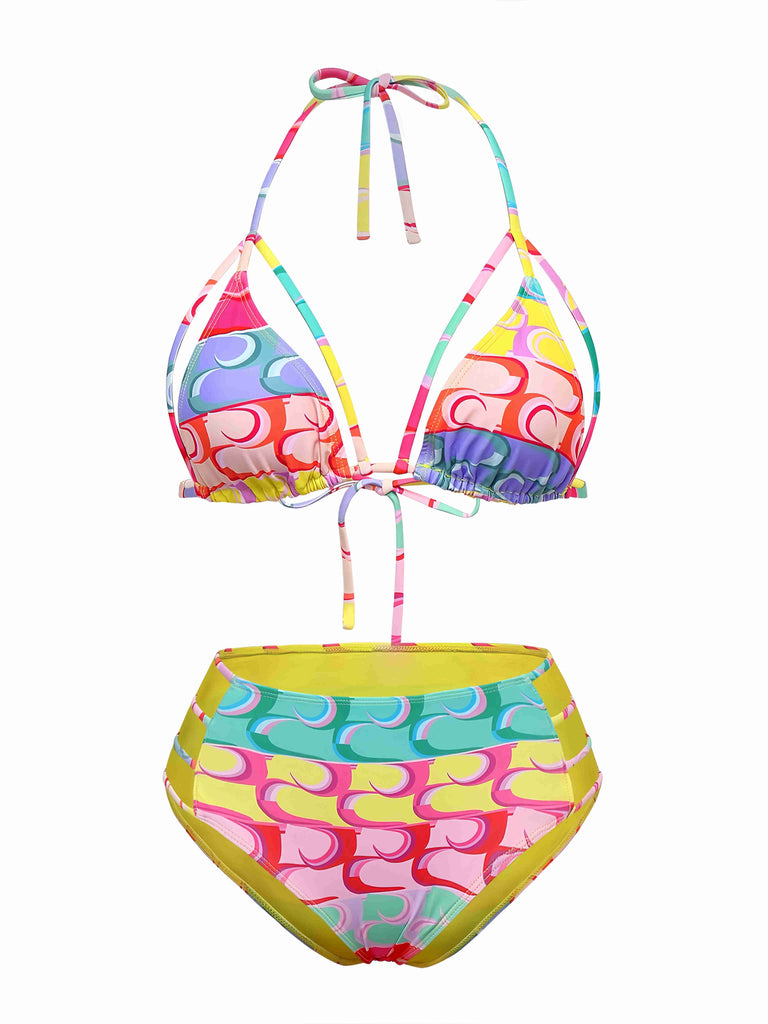 Multicolor 1960s Lace-up Rainbow Halter Bikini Set