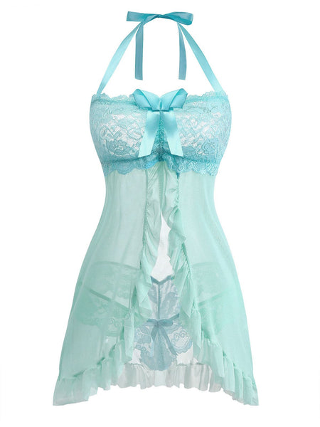 Women's Bow Halter Lace Babydoll Negligee with Panties Aqua Blue