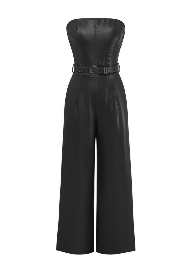 1940s PU Leather Belted Strapless Jumpsuit