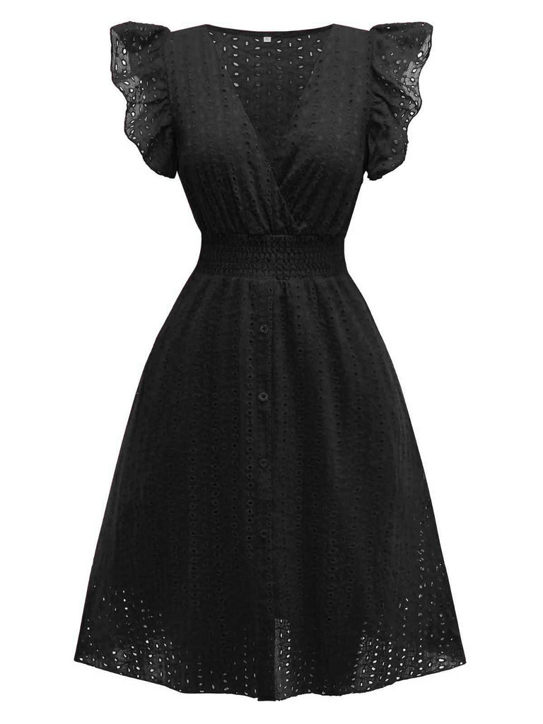 1940s V-Neck Cutout Cotton Smocked Ruffled Dress