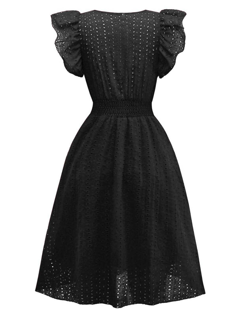 1940s V-Neck Cutout Cotton Smocked Ruffled Dress