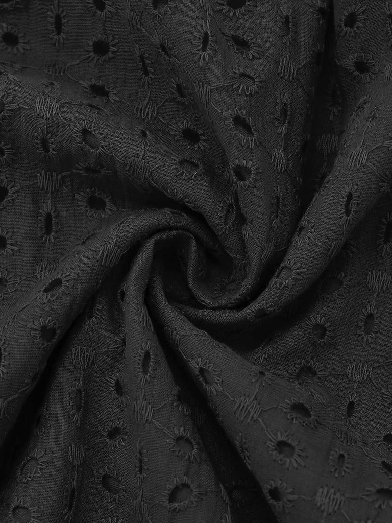 1940s V-Neck Cutout Cotton Smocked Ruffled Dress