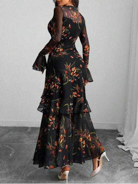 Floor Length Mesh Wedding Guest Dress Mermaid Floral Long Sleeve High Neck with Flounce Hem