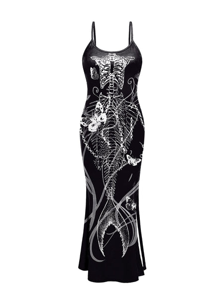 chinese dress ladies Black 1930s Mermaid Skeleton Spaghetti Straps Dress
