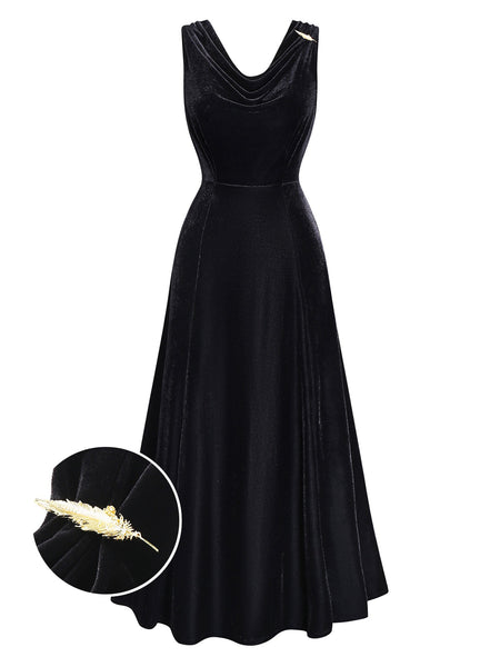 blue dress for baby girl Black Velvet Cowl Neck Formal Dress | Fitted Waist A-Line Midi Gown
