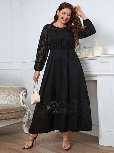 Plus Size] Black 1940s Long Sleeve Solid Lace Dress