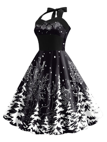 Black 1950s Christmas Halter Swing Dress | Retro Stage