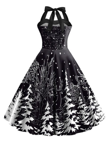 Black 1950s Christmas Halter Swing Dress