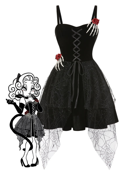 Gothic Halloween Spiderweb Velvet Mini Dress with Skeleton Hands & Corset Lace-Up