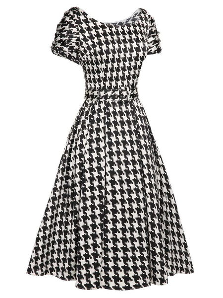Retro Stage 1950s Houndstooth Short Sleeve Belted Dress Black&Beige