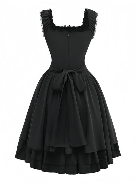 blue dress for baby girl Black 1950s Solid Gothic Lace-Up Dress