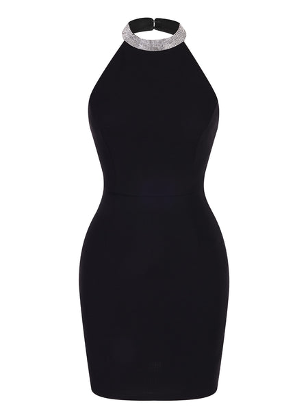 Black Rhinestone Backless Sleeveless Mini Dress Womens Black Rhinestone Backless Sleeveless Mini Dress Womens