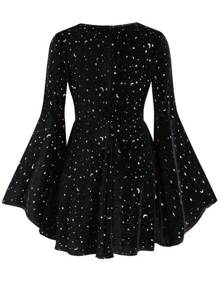 fitted lace wedding dress Retro Stage Star & Moon Print V-Neck Bell Sleeve Velvet Mini Dress, 2XL/Black