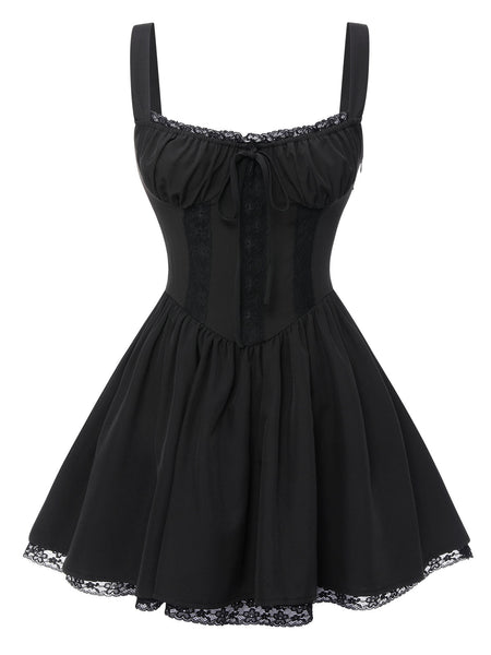 Retro Stage Black Bow-Detail Pleated A-Line Corset Mini Dress