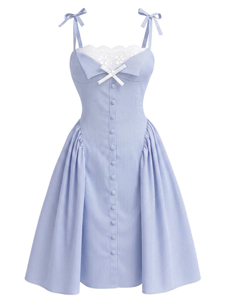 Pre-Sale] Blue 1950s Vertical Stripe Lace Drop Waist Dress