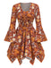 2PCS Orange 1970s Hippie Floral Bell Sleeve Top & Dress