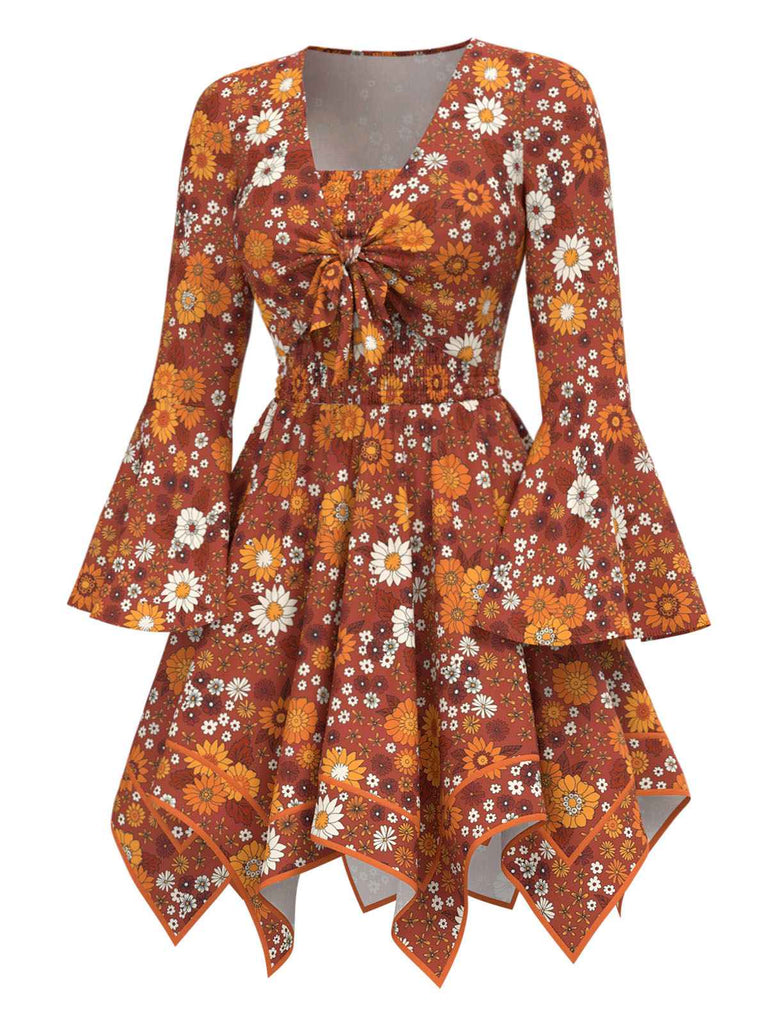 2PCS Orange 1970s Hippie Floral Bell Sleeve Top & Dress