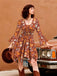 2PCS Orange 1970s Hippie Floral Bell Sleeve Top & Dress