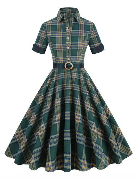 Women's Vintage Dress Green Plaid A-Line Lapel Short Sleeves 1950s Swing Dress with Belt,M
