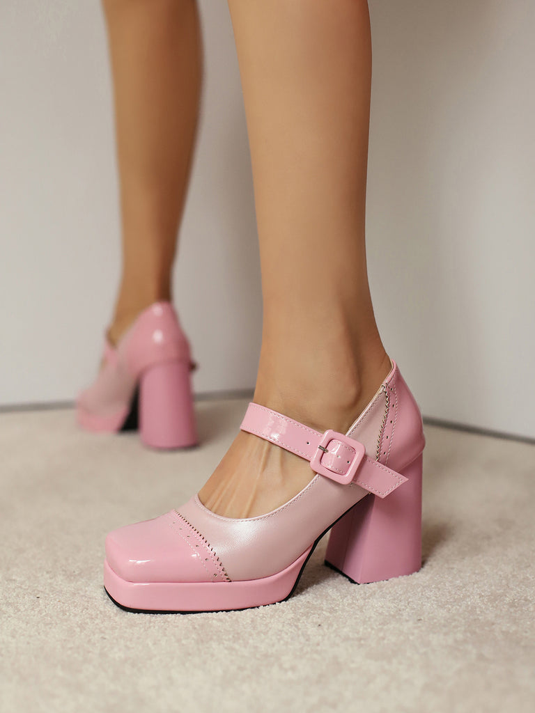 Patent Leather Block Heel Square Toe High Heels