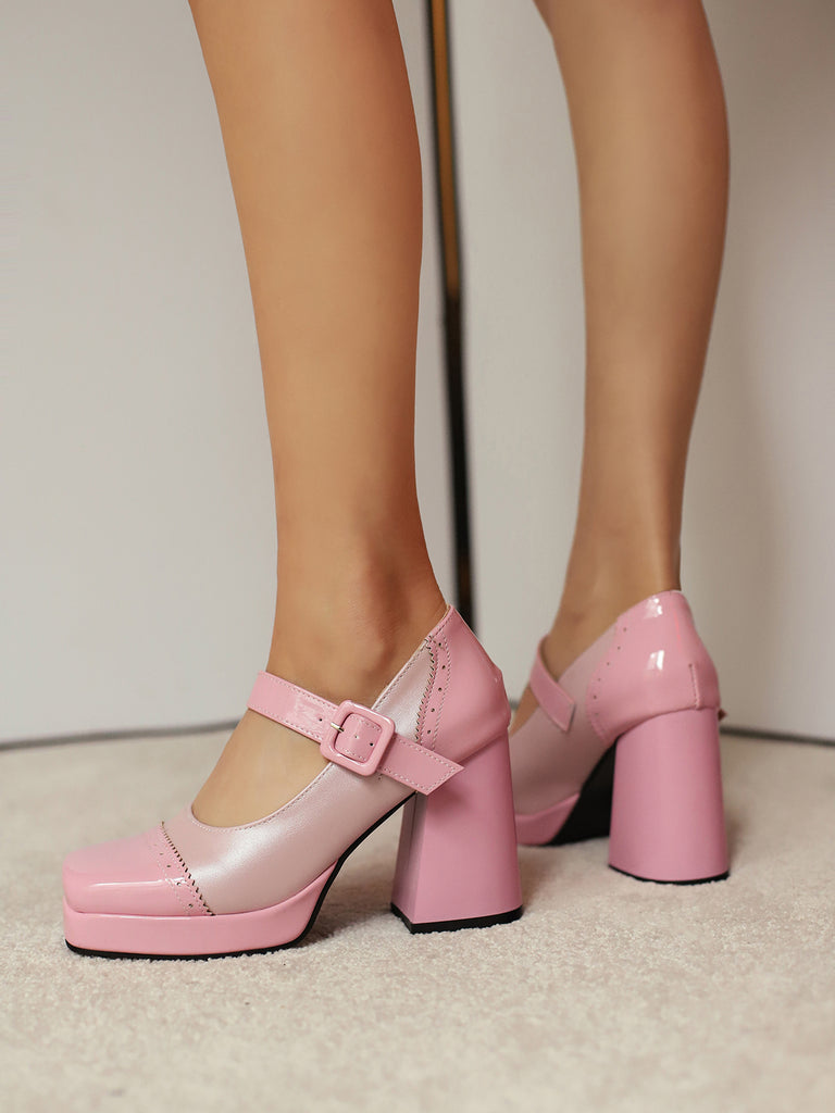 Patent Leather Block Heel Square Toe High Heels