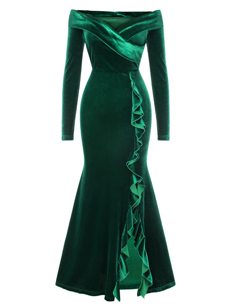 slim fit dress slacks Green 1930s Velvet Off-Shoulder Ruffle-Trim Mermaid Dress