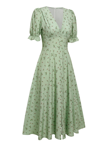 Retro Stage V-Neck Floral Printed Button-Up Puff Sleeves Midi Dress Green