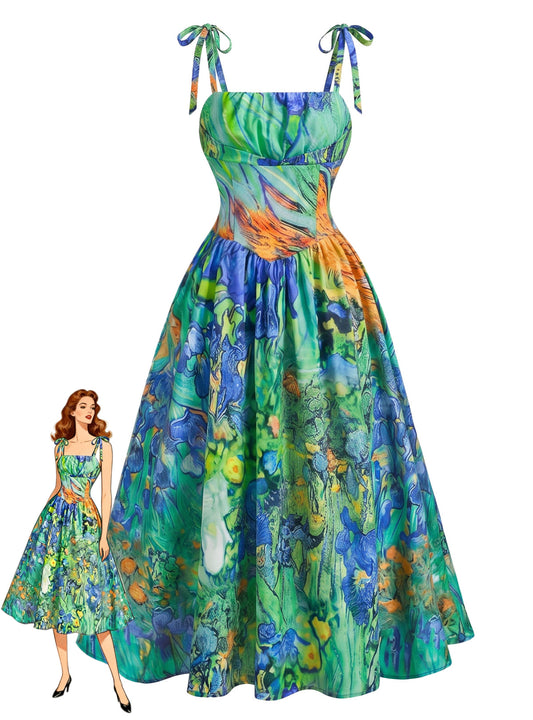 Green 1950s Spaghetti Strap Oil Painting Floral Dress, vintage dress, retro fashion, rockabilly, pin-up fashion - perfect for women who love vintage and retro fashion