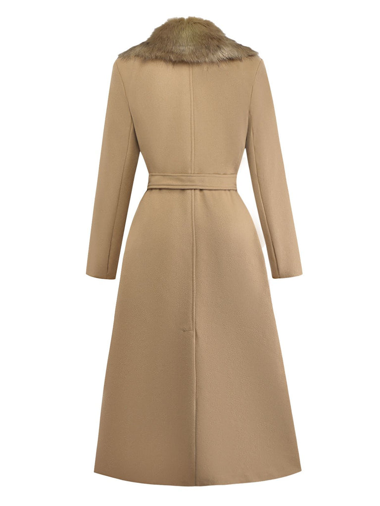 Khaki 1920s Solid Fur Collar Belted Coat