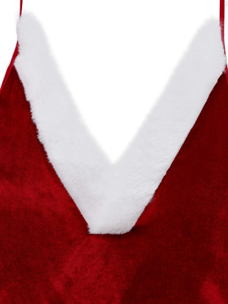 1970s Deep V-Neck Christmas Plush Bodysuit With Hat