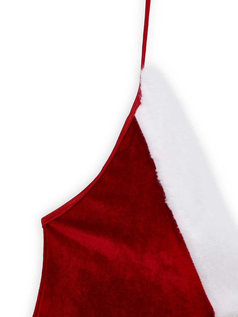 1970s Deep V-Neck Christmas Plush Bodysuit With Hat