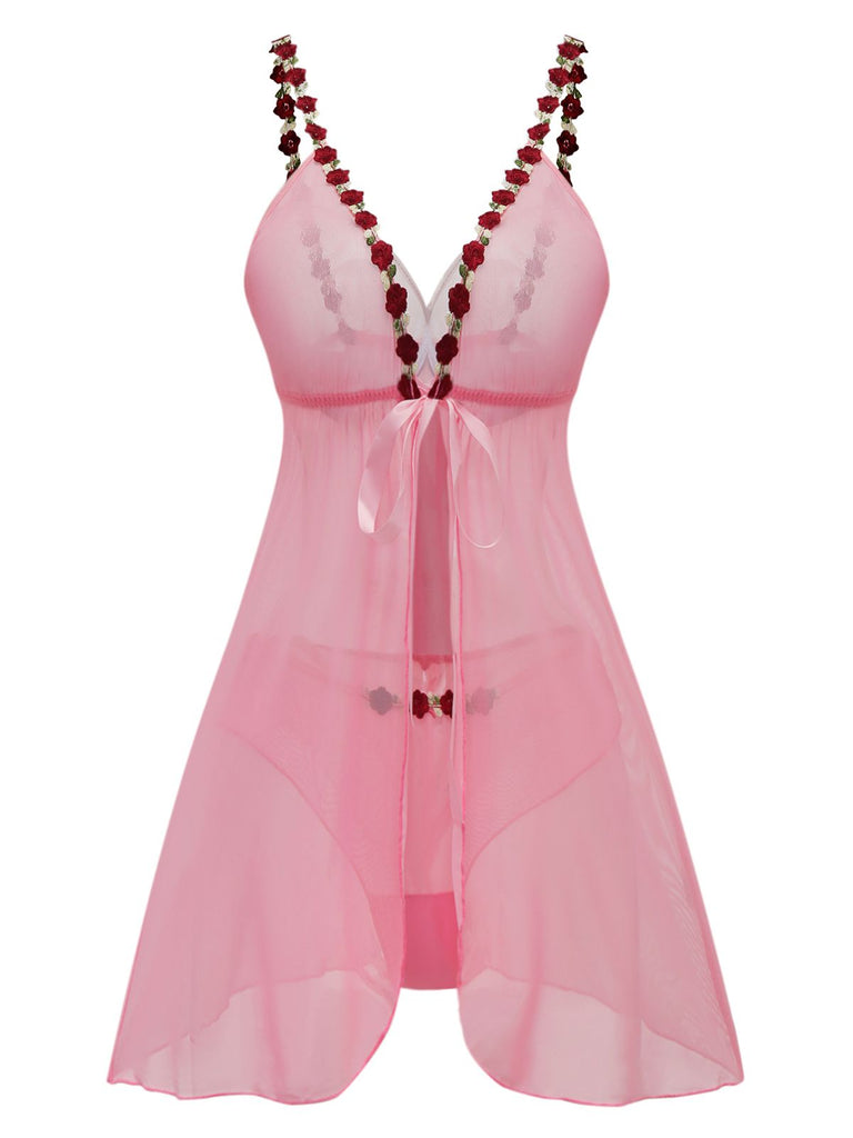 Dark Pink 1950s Deep V-Neck Embroidered Flower Pajama Set