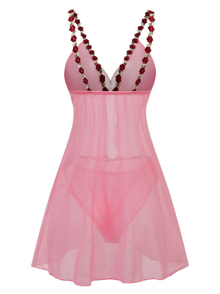 Dark Pink 1950s Deep V-Neck Embroidered Flower Pajama Set