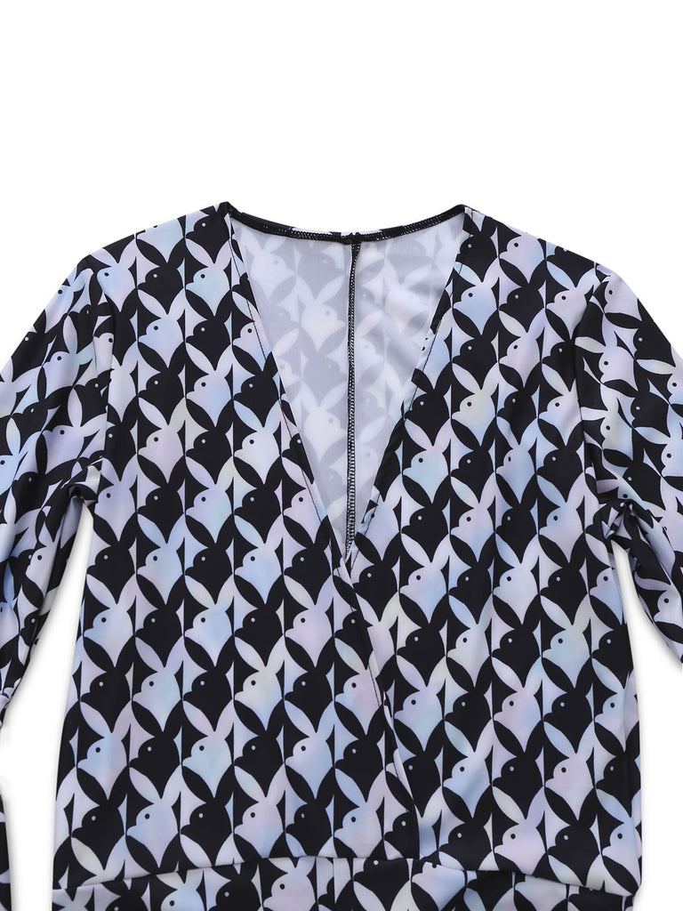 Black & White 1980s Houndstooth Bell Sleeve Jumpsuit