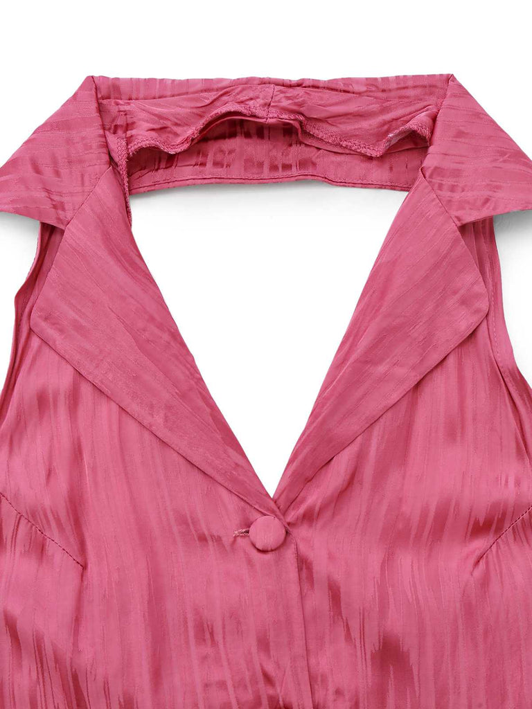 Pink 1970s Halter Lapel Satin Jumpsuit