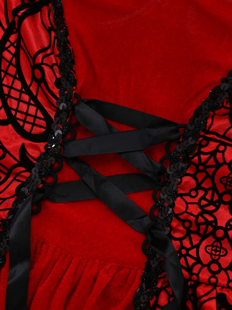 Red 1980s Velvet Lace Sequined Strapless Dress & Cape