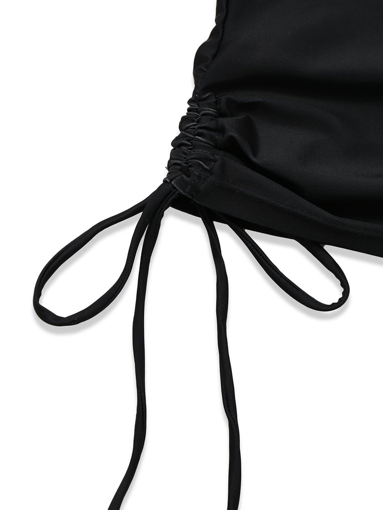 Black 1980s Steampunk Halter Skeleton Rose Swimsuit