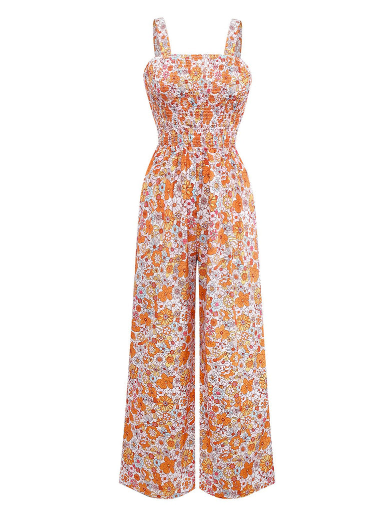 Orange 1970s Floral Print Wide Leg Jumpsuit