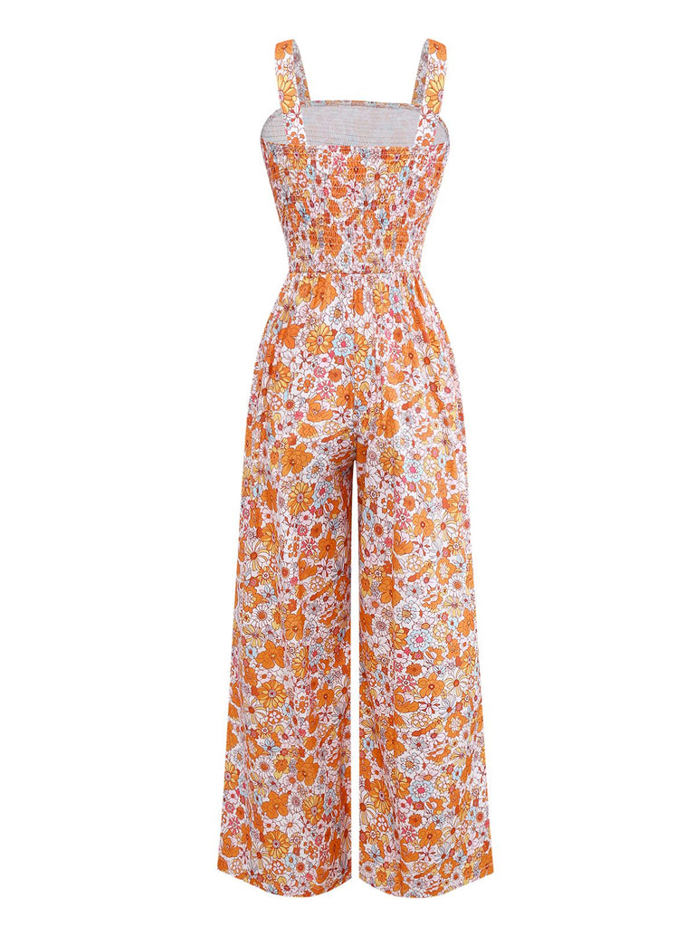 Orange 1970s Floral Print Wide Leg Jumpsuit