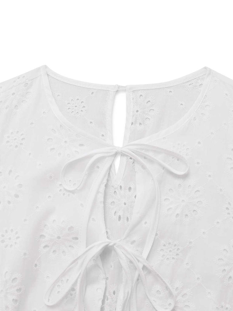 White 1950s Pure Cotton Eyelet Puff Sleeve Top