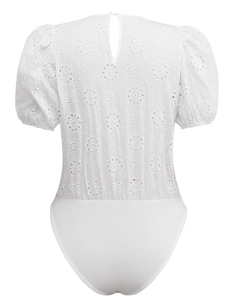 White 1950s Pure Cotton Eyelet Puff Sleeve Top