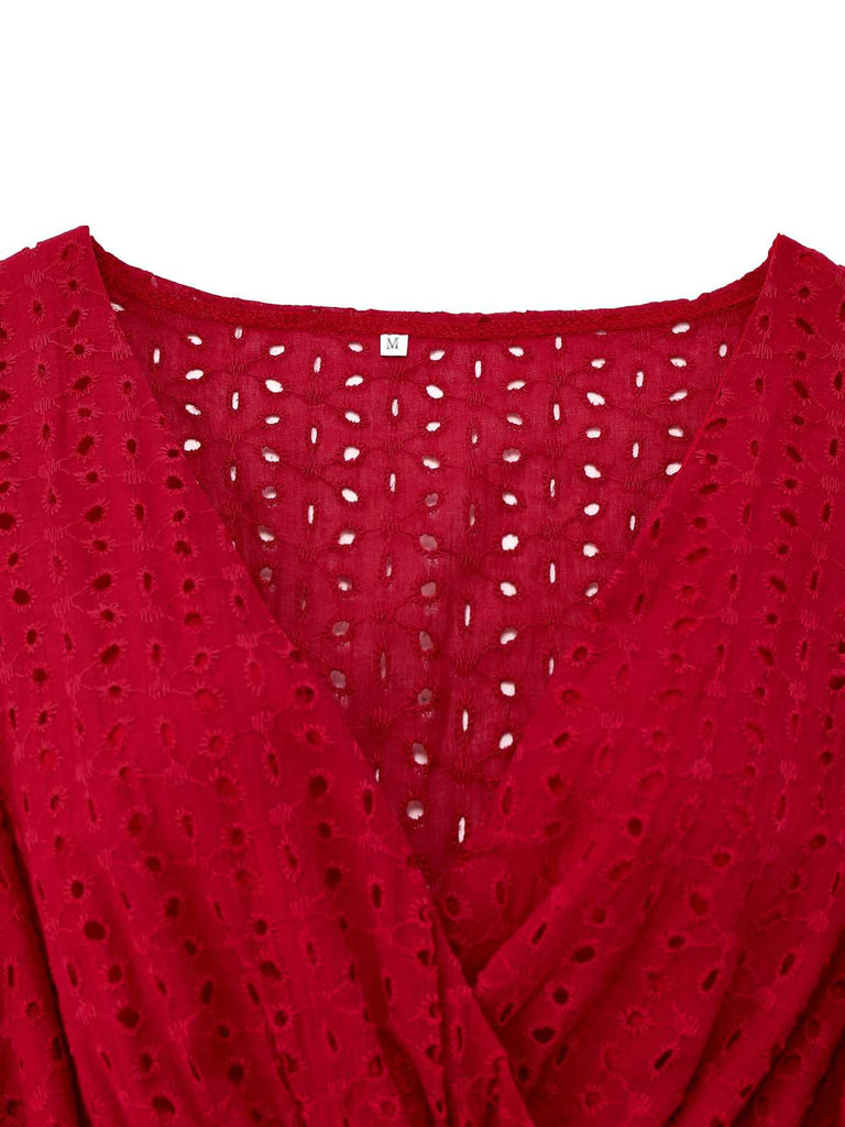 1940s V-Neck Cutout Cotton Smocked Ruffled Dress