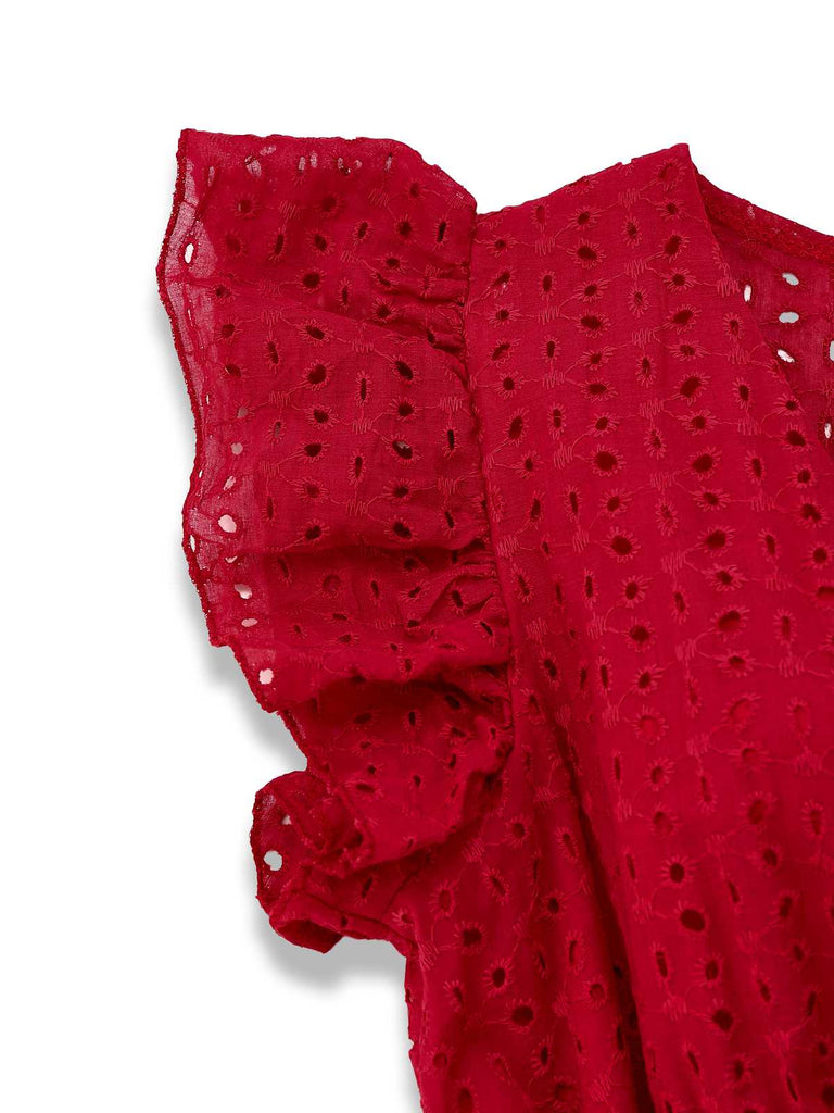 1940s V-Neck Cutout Cotton Smocked Ruffled Dress