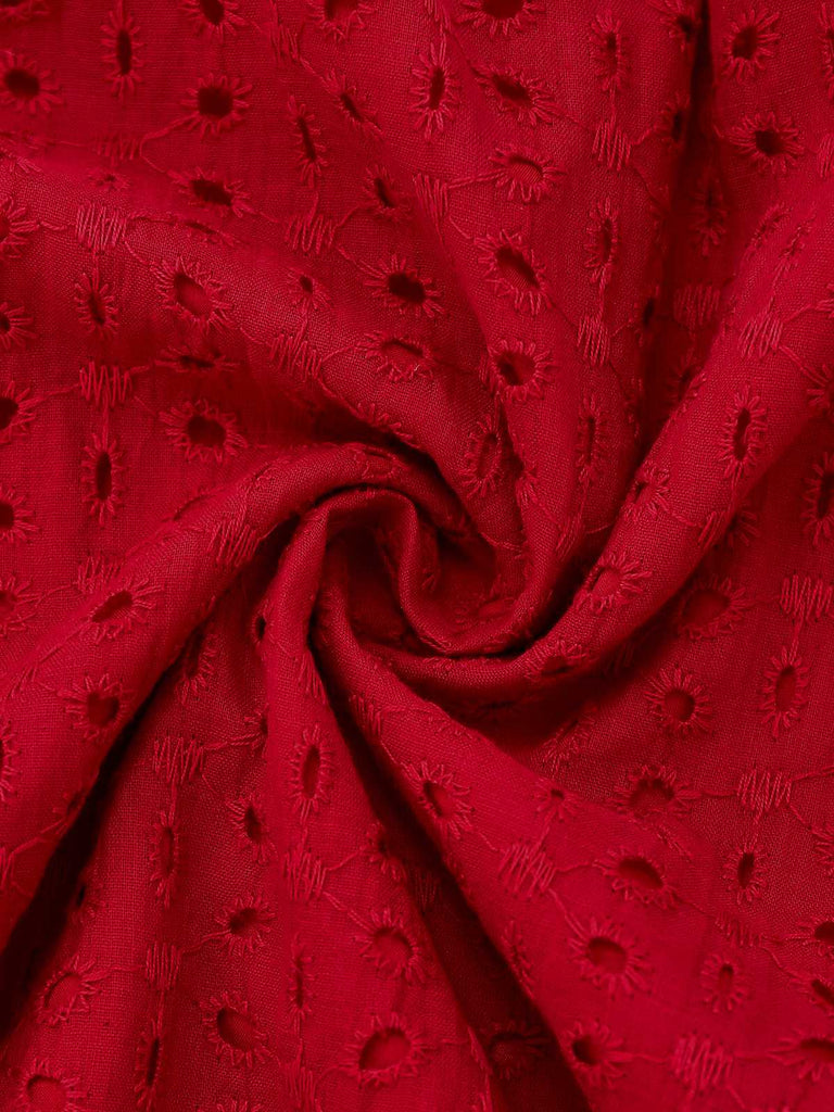 1940s V-Neck Cutout Cotton Smocked Ruffled Dress